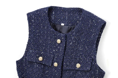 TRZA Women’s Tweed Waistcoat — Sleeveless O-Neck Top with Belt & Front Buttons, Chic Fashion Outerwear