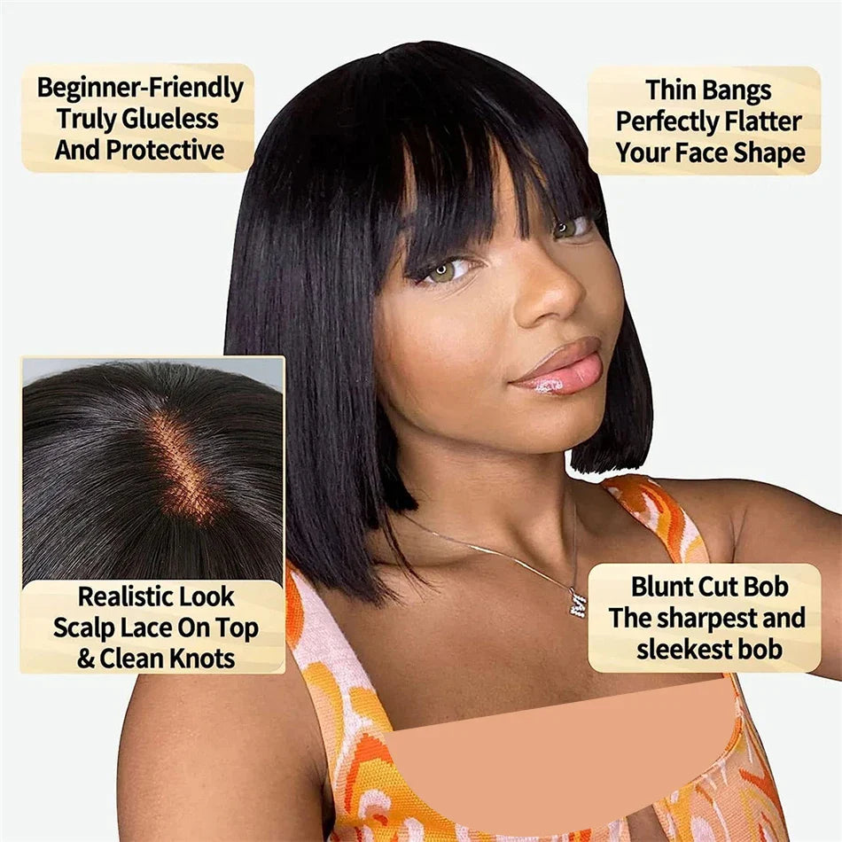 3-in-1 Middle Part Bob Lace Wig — Straight Short Human Hair with Bangs, Machine Made for Women