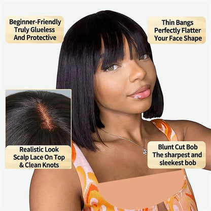 3-in-1 Middle Part Bob Lace Wig — Straight Short Human Hair with Bangs, Machine Made for Women