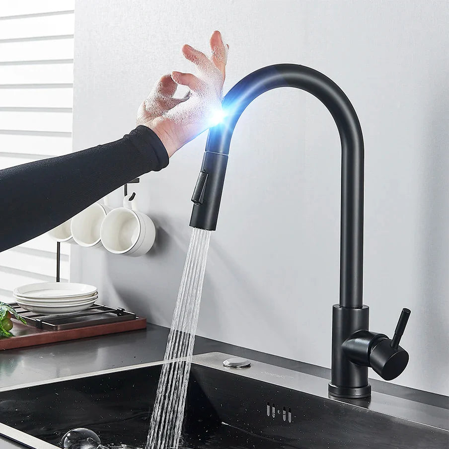 Pull-Out Sensor Black Kitchen Faucet - Sensitive Touch Control Mixer Tap for Kitchen Sink