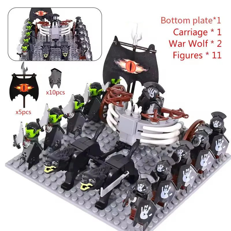 MOC Medieval LOTR Figures — Black Wolves & Mounted Chariots Action Dolls, Assembled Brick Building Blocks Toy