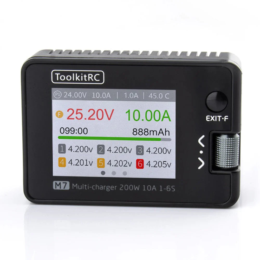 ToolkitRC M7 200W 10A DC Charger/Discharger — ADP100 Adapter for 1-6S LiPo, LiHV & LiFe Lion RC Batteries (EU/US)