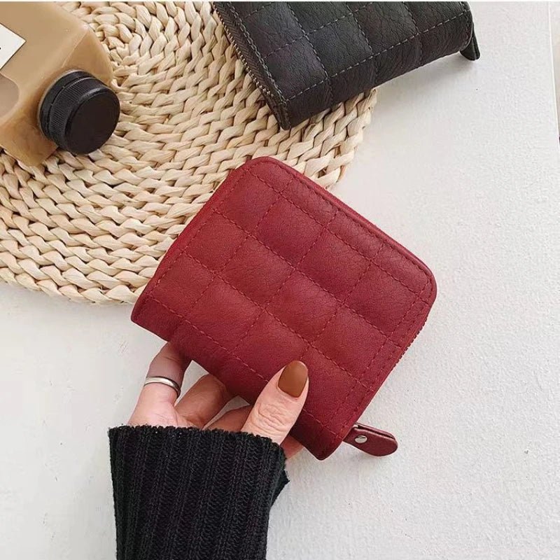Women’s Small PU Leather Zipper Wallet with Coin Purse – Cute Plaid Mini Korean Card Holder, New Arrival