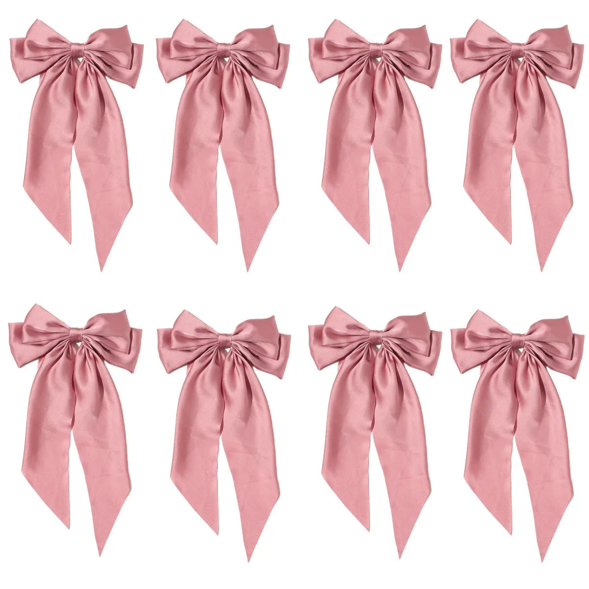 8 Ladies Satin Ribbon Bow Hair Clips – Oversized White, Pink, Red, Blue, Black Long Tail, Spring Clip for Ponytail Hair Accessories