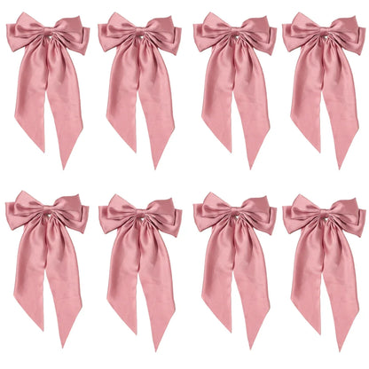 8 Ladies Satin Ribbon Bow Hair Clips – Oversized White, Pink, Red, Blue, Black Long Tail, Spring Clip for Ponytail Hair Accessories