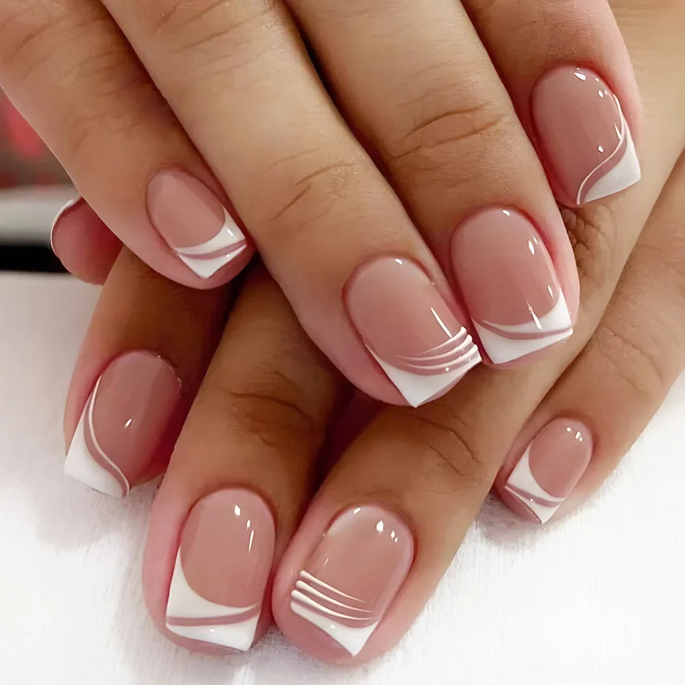24Pcs Square Press On Nails - Nude White Gradient French False Nail Tips with Full Cover Short Design