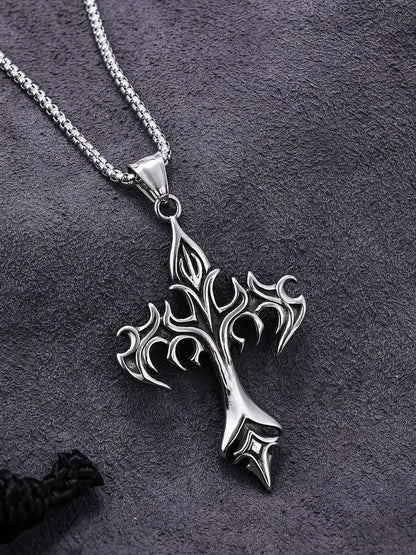 Stainless Steel Flame Cross Pendant Necklace – Retro Titanium Steel Men’s Jewelry
