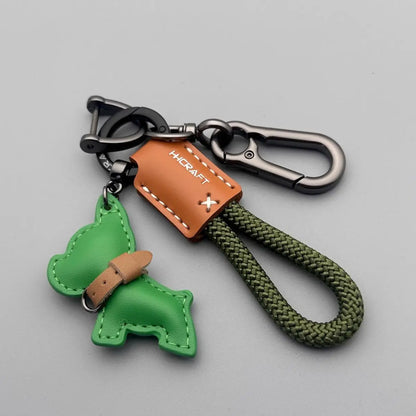 French Bulldog Leather Keychain - Handmade Braided Rope Key Holder with Anti-Loss Strap for Car, Women & Men