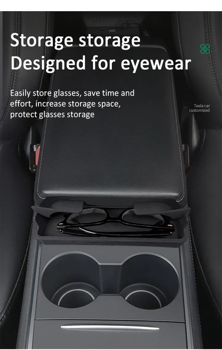Central Armrest Storage Box for Tesla Model Y/3/3 Highland – Multi-Functional Glasses & Phone Organizer Case, 2024 Accessory