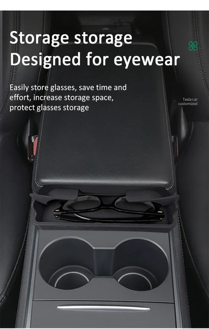 Central Armrest Storage Box for Tesla Model Y/3/3 Highland – Multi-Functional Glasses & Phone Organizer Case, 2024 Accessory