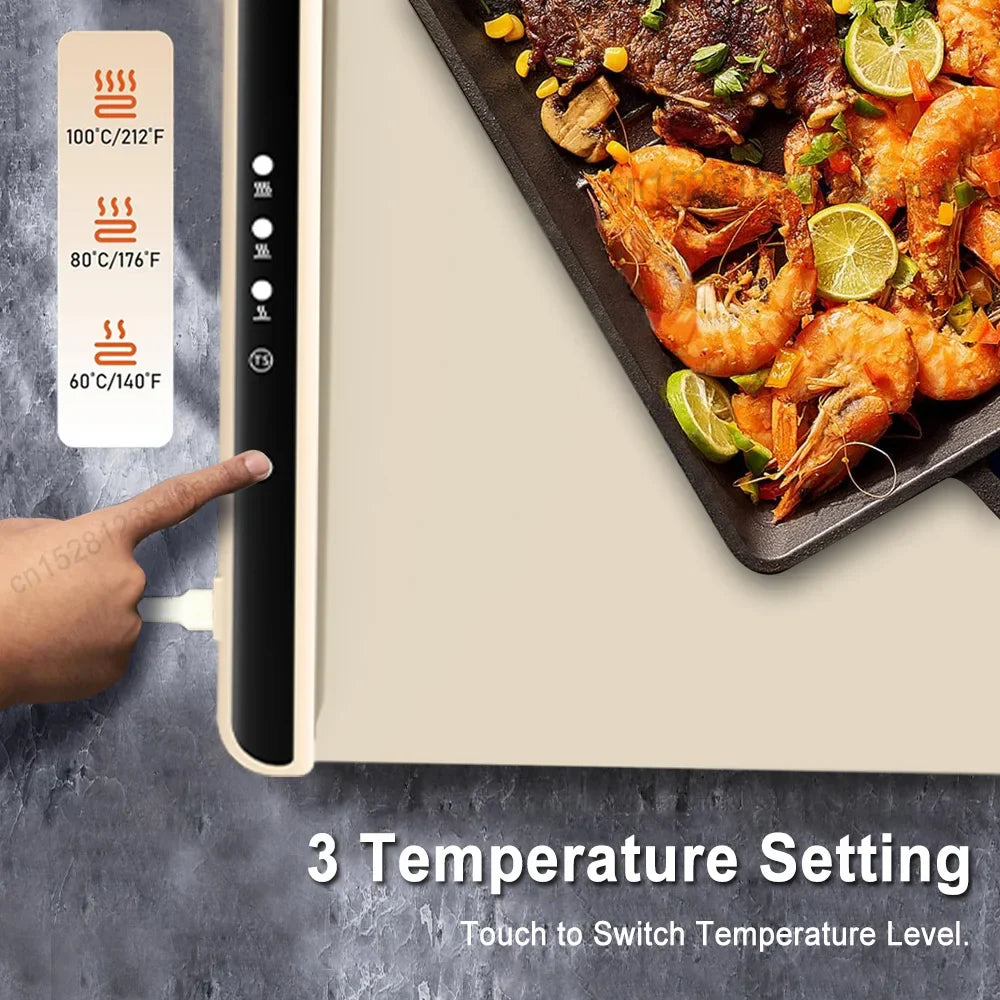 Electric Warming Tray – Foldable Portable Smart Food Warmer Plate with 3 Temperature Settings for Fast Heating