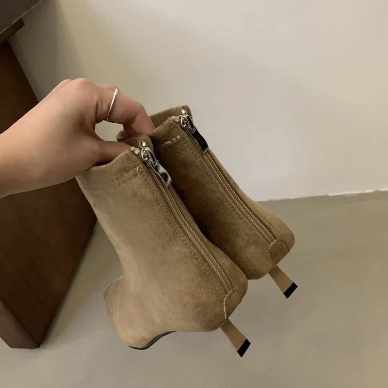 SUOJIALUN 2024 Winter New Women’s Short Boots – Fashion Pointed Toe, Elegant Ankle Boots with Thin High Heel Dress Pumps