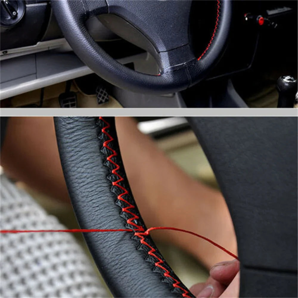 Leather Car Steering Wheel Cover - DIY Braid Design, Universal 38cm Auto Steering Wheel Case