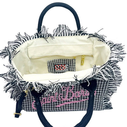 SAINT BARTH Houndstooth Crossbody Bag – Small Cotton Linen Handmade Tote with Tassels for Women
