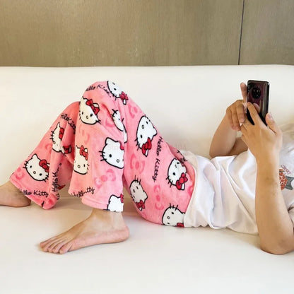 Hello Kitty Black Anime Flannel Pajamas - Women's Warm and Cozy Casual Home Pants
