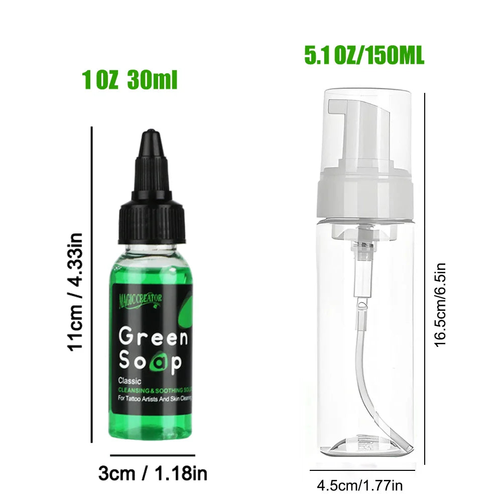 Ultra Concentrated Tattoo Green Soap Kit – 30/250/500ML Cleaning Solution with 150ml Foaming Bottle for Tattoo Care & Skin Cleaning