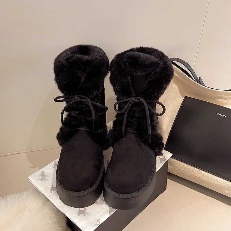Comemore Women’s Winter Fur Snow Boots – Lace-Up Fluffy Plush Platform Ankle Boots with Thick Cotton Padding