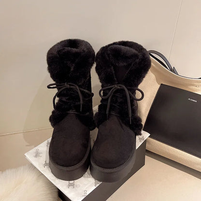 Comemore Women’s Winter Fur Snow Boots – Lace-Up Fluffy Plush Platform Ankle Boots with Thick Cotton Padding