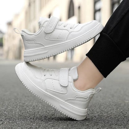 Children’s Black Leather Sneakers – Non-Slip Casual Flat Walking Shoes for Boys & Girls, Lightweight Student Sports Footwear