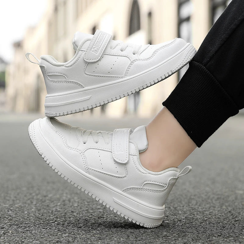 Kids' Black Leather Sneakers – Non-Slip Casual Walking & Tennis Shoes for Boys and Girls