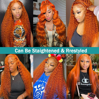 Wiggogo Orange Ginger Lace Front Wig – 30 Inch Curly Deep Wave Human Hair, 13x4/13x6 HD Lace Frontal Wig