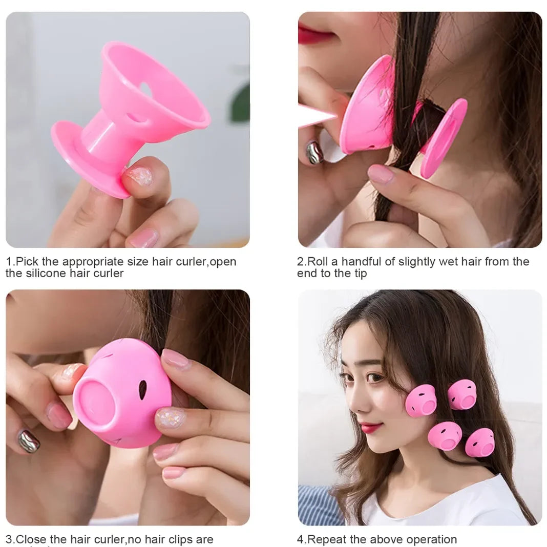 Pink Magic Silicone Hair Curlers – Soft Rubber No Heat, No Clip Hair Rollers with Bag & Hairnet for Curling