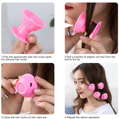 Pink Magic Silicone Hair Curlers – Soft Rubber No Heat, No Clip Hair Rollers with Bag & Hairnet for Curling