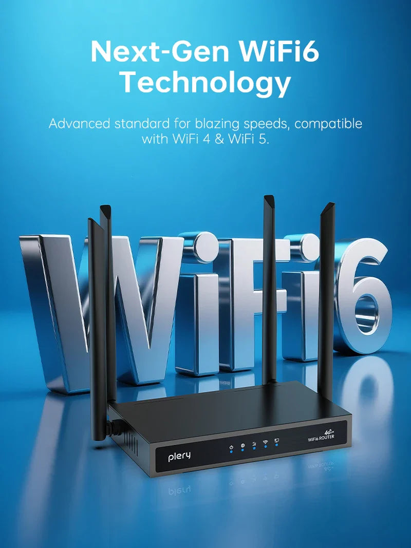 Plery WiFi6 4G LTE Router — 4G SIM Card WiFi Modem with 300Mbps, Antenna Booster for Home & Office