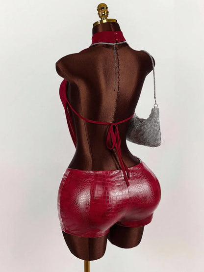 Women’s Mesh Halter Top Leather Jumpsuit - Solid Color Stylish Party & Club Outfit