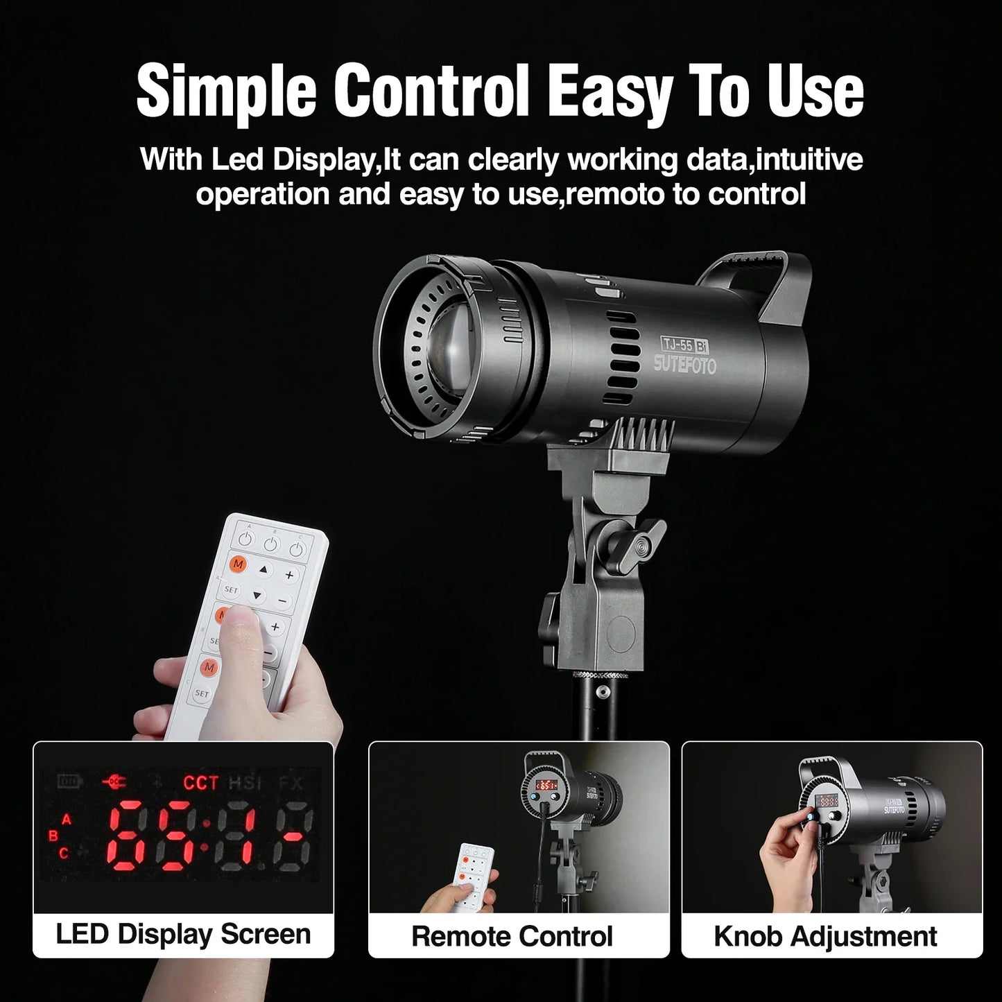 Sutefoto TJ55 Bi-Color LED Video Light - 55W COB Photographic Light, 3200K-5600K, Portable Fill Light for Video & Live Streaming