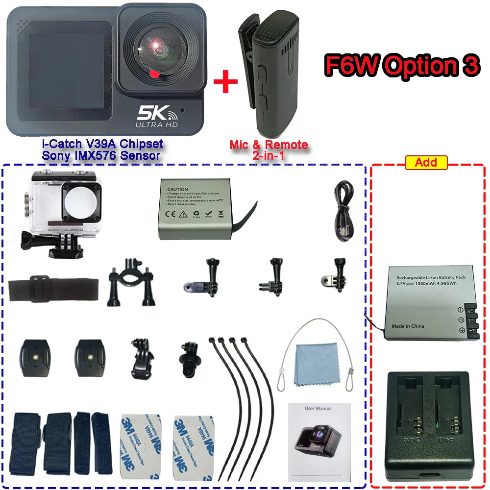 F6W Action Camera — 5K/4K60FPS, 48MP, 2.2" Touch LCD, EIS, Dual Screen, Wi-Fi, 170° Waterproof 30M, 8X Zoom Sports Camera with Wireless Mic