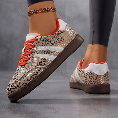 Women’s 2025 Leopard Print Sneakers – Fashionable Outdoor Lace-Up Casual Shoes, Lightweight Comfortable Non-Slip Flats