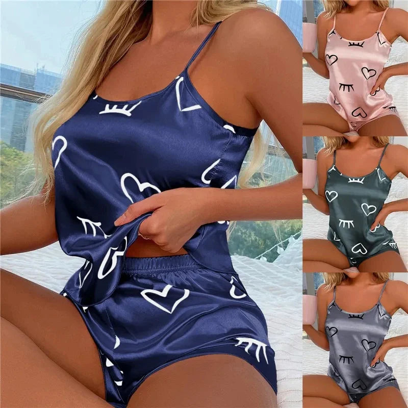 Women’s Ice Silk Pajama Set – Low-Cut Camisole & Shorts Sleepwear in Gray or Pink, L–XXL, Summer Comfort