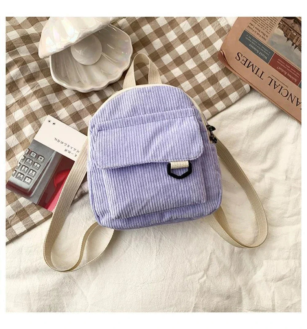 Women's Mini Backpack - Fashionable Solid Color Corduroy Casual Schoolbag with Large Capacity