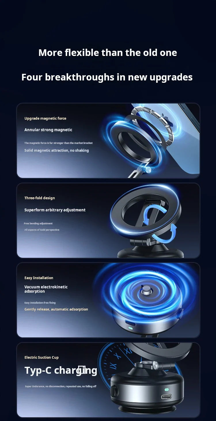 Magnetic Vacuum Adsorption Car Mount – Foldable 360° Rotating Aluminum Alloy Phone Holder for Smartphones