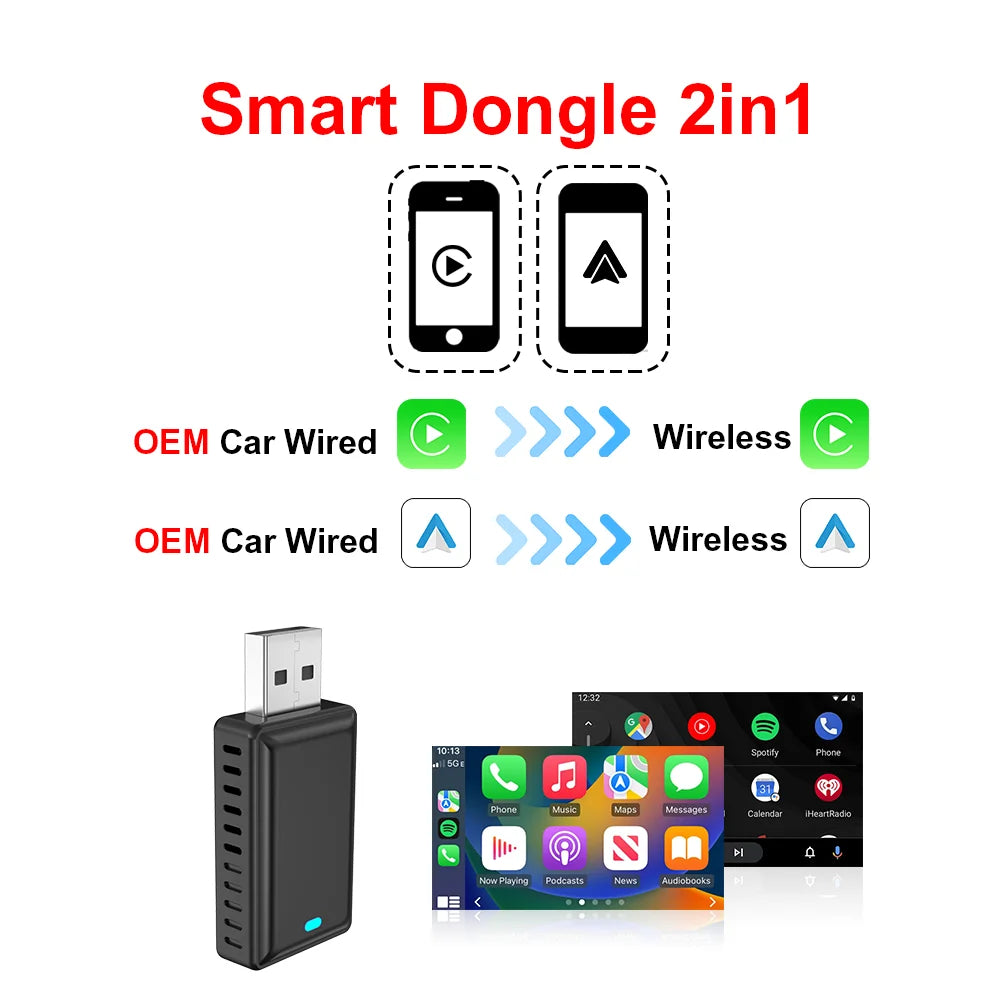 Wireless CarPlay Adapter – 2-in-1 Android Auto Smart Dongle for Volvo, Benz, Cadillac, Jeep, Lexus, Buick, Audi, Mazda, VW, Kia