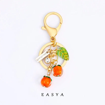 EASYA Vintage Imitation Fruit Charm Keychain – Lemon, Persimmon & Strawberry Glass Pendant, Luxury Jewelry for Women