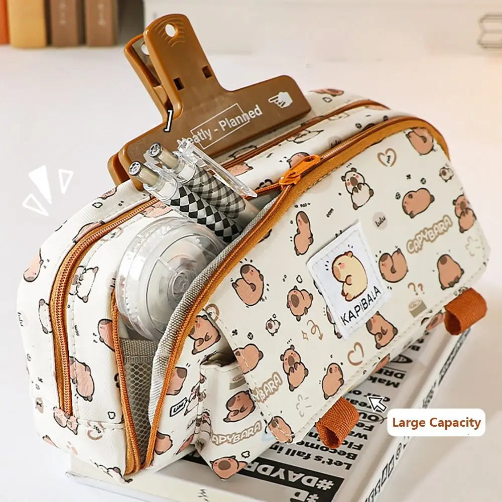 INS Capybara Four-Layer Large Capacity Pen Bag - Cute Cartoon Pencil Case, Stationery Organizer & Storage Bag for Students, Perfect Gift