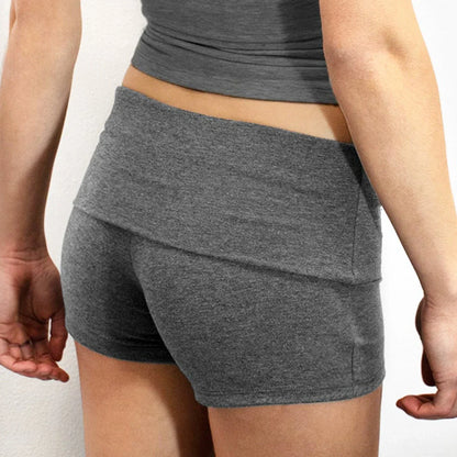 Summer Women’s Slim Solid Color Yoga Shorts — Casual Fold-Over Low Waist Lounge Shorts