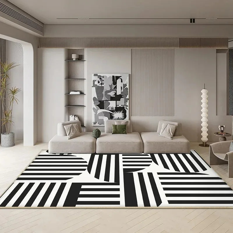 Light Luxury Black & White Plaid Rug — Fluffy Soft Carpet for Bedroom, Living Room, Study, and Home Decor