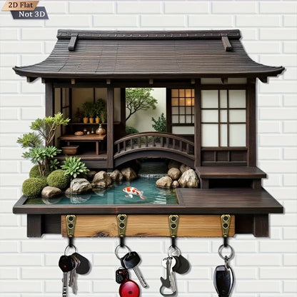2D Retro Japanese-Style Wooden Key Hook – Multi-Functional Wall Key Holder for Home, Porch & Kitchen Storage
