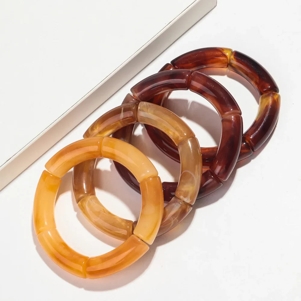 Fashion 4PCS Resin Amber Bamboo Bead Acrylic Elastic Bracelet Set — Trendy 2024 Handmade Bangles