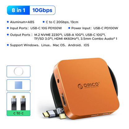 ORICO 10Gbps M.2 2230 NVMe SSD Enclosure – USB-C 4K60Hz Dock with SD/TF Reader & 100W PD Charging Station for iPhone