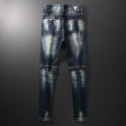Streetwear Men’s Slim Fit Ripped Jeans – Retro Black & Blue Spliced Denim with Designer Embroidery, Hip Hop Fashion