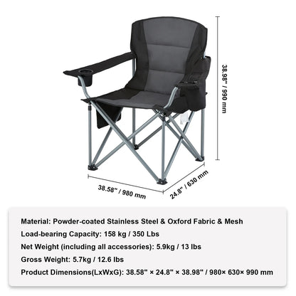 Camping Folding Chair — Portable Padded Armchair with Lumbar Support & Side Pockets for Beach, Lawn, Picnic
