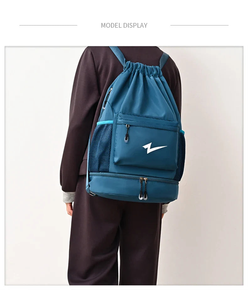 Drawstring Fitness Bag — Lightweight Multi-Pocket Gym Backpack with Separate Shoe Compartment, Foldable Outdoor Training Bag