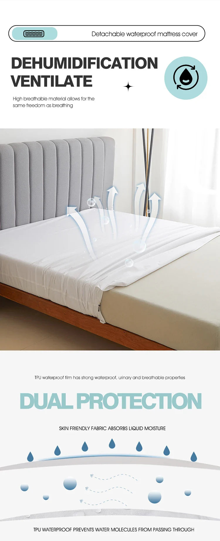 Waterproof Mattress Protector with Zipper - Soft, Breathable & Noiseless Cover for Single, Double, Queen, or King Size Bed