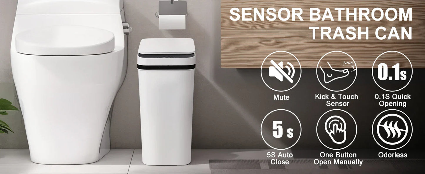 2-Pack 12L Touchless Automatic Trash Cans – Motion Sensor Slim Bins with Lids for Bathroom, Bedroom, Office (White)