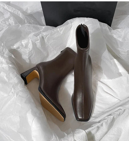 Vintage Warm Cotton Women’s Ankle Boots – Fashionable Square Toe, Elegant Autumn & Winter Short Booties with Thick Heel