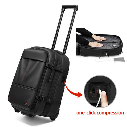 Travel Trolley Vacuum Compression Backpack — Wheeled Rolling Luggage Bag for Men, Boardable Business Travel